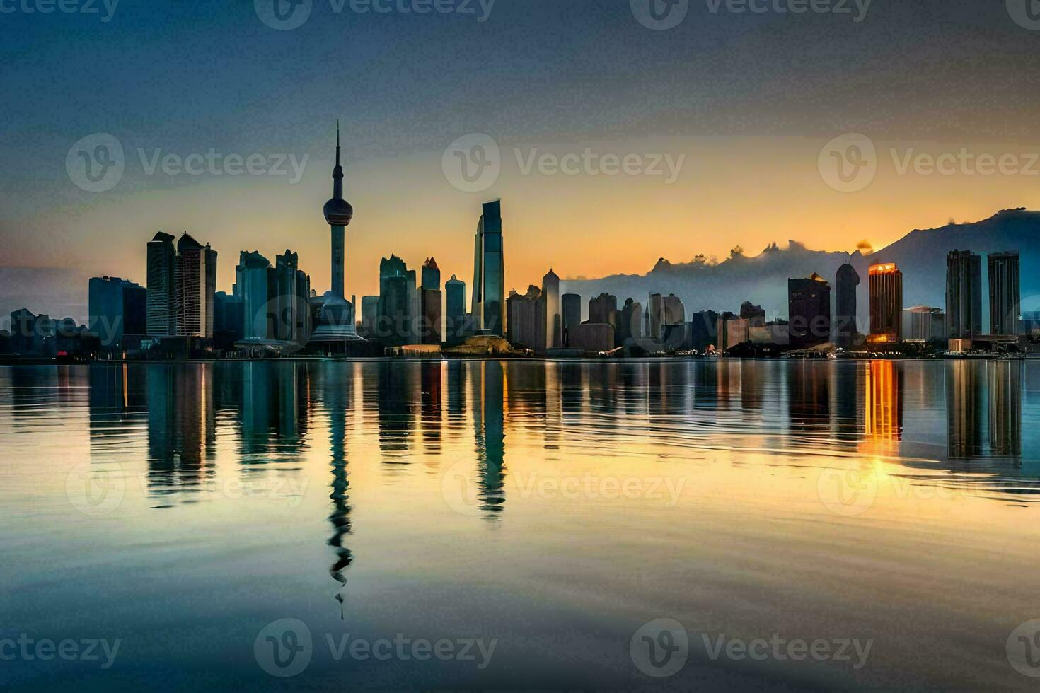 the city skyline of shanghai is reflected in the water. AI-Generated photo