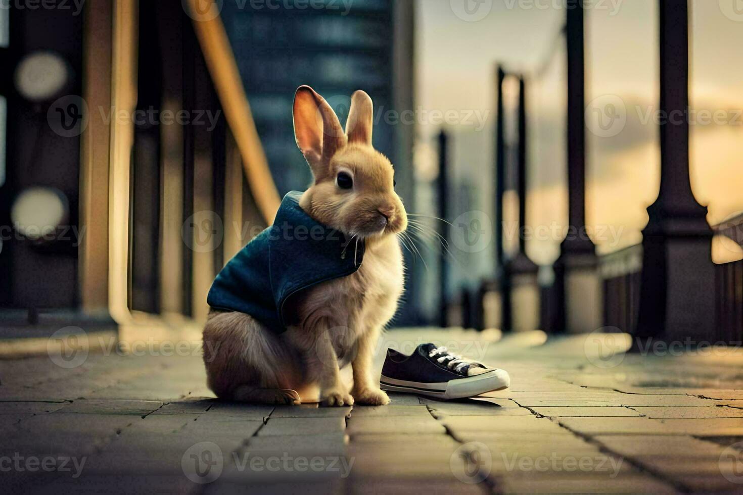 a rabbit wearing a sweater sits on the ground. AI-Generated photo