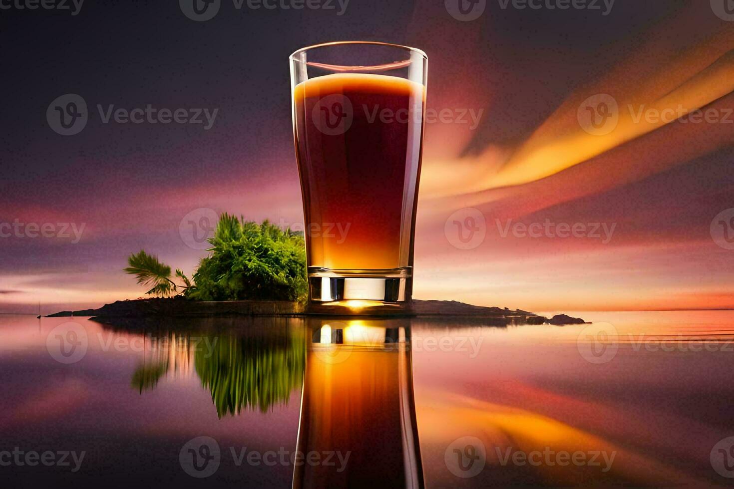 a glass of beer on an island in the middle of the ocean. AI-Generated photo