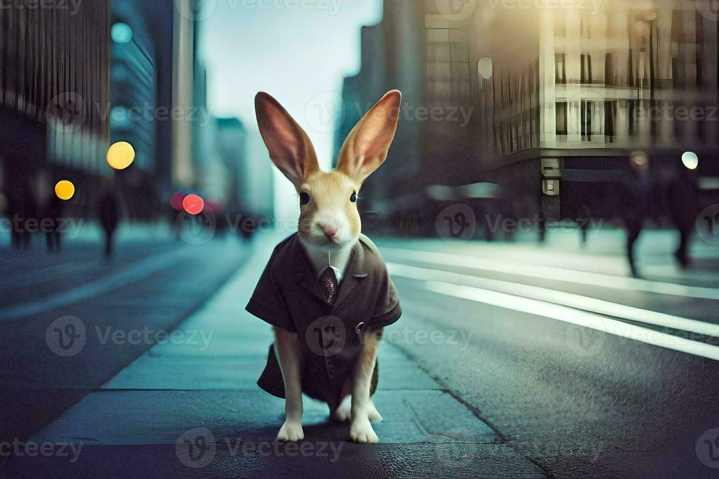 a rabbit wearing a suit and tie on the street. AI-Generated photo