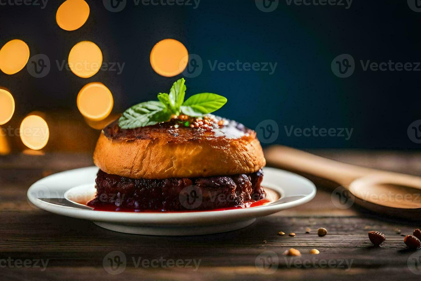 a dessert on a plate with a spoon. AI-Generated photo