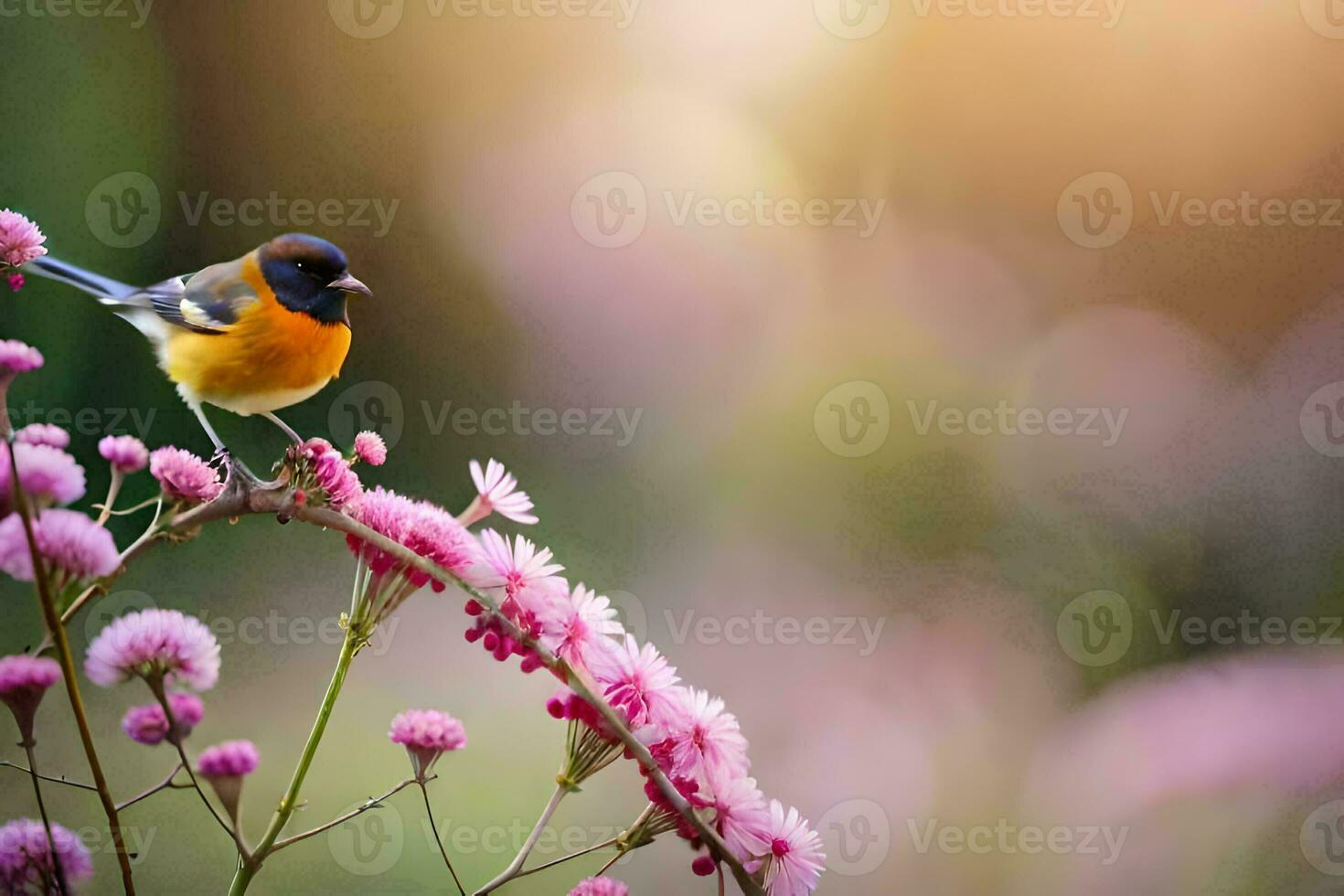 a small bird is perched on a pink flower. AI-Generated photo