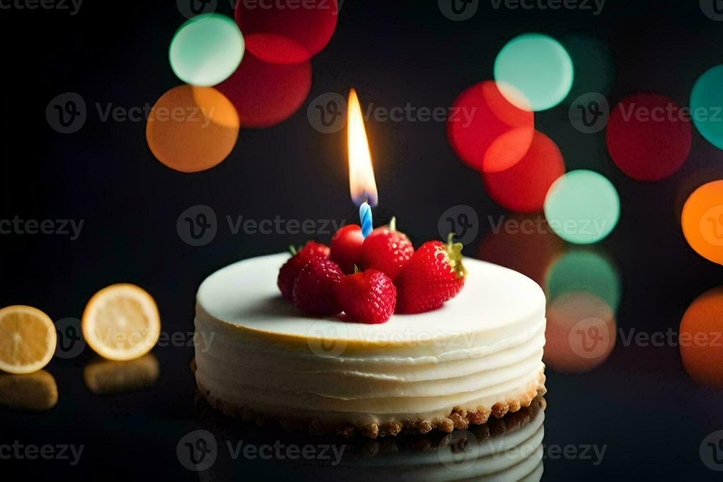 a small cake with strawberries and a candle. AI-Generated photo