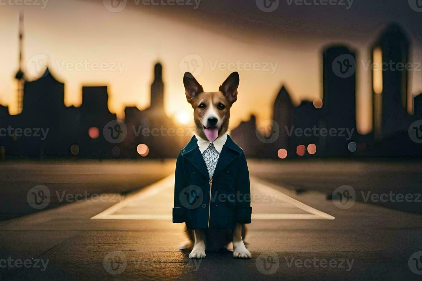 a dog wearing a suit and tie sitting on the ground. AI-Generated photo