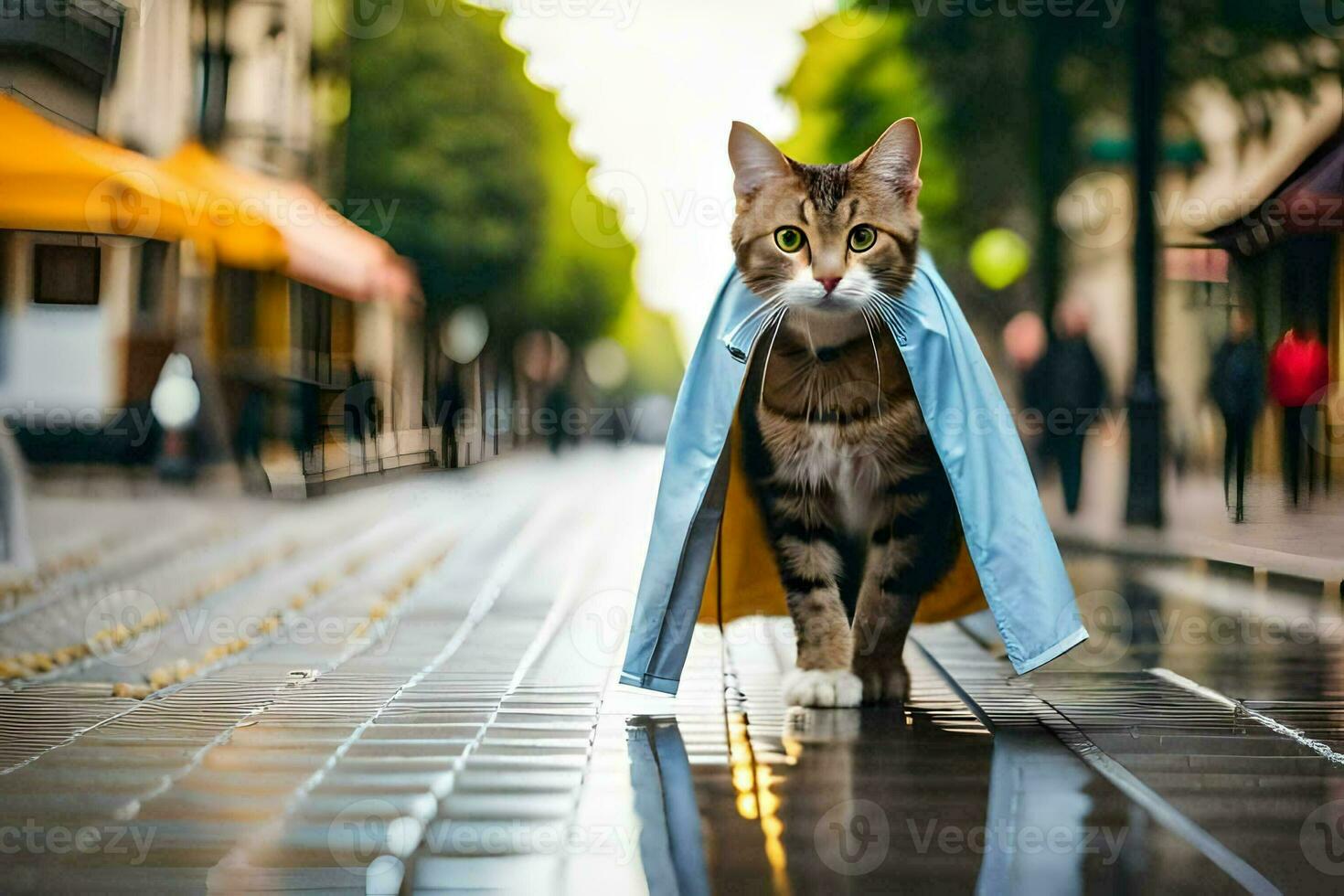 a cat walking down a street in a coat. AI-Generated photo