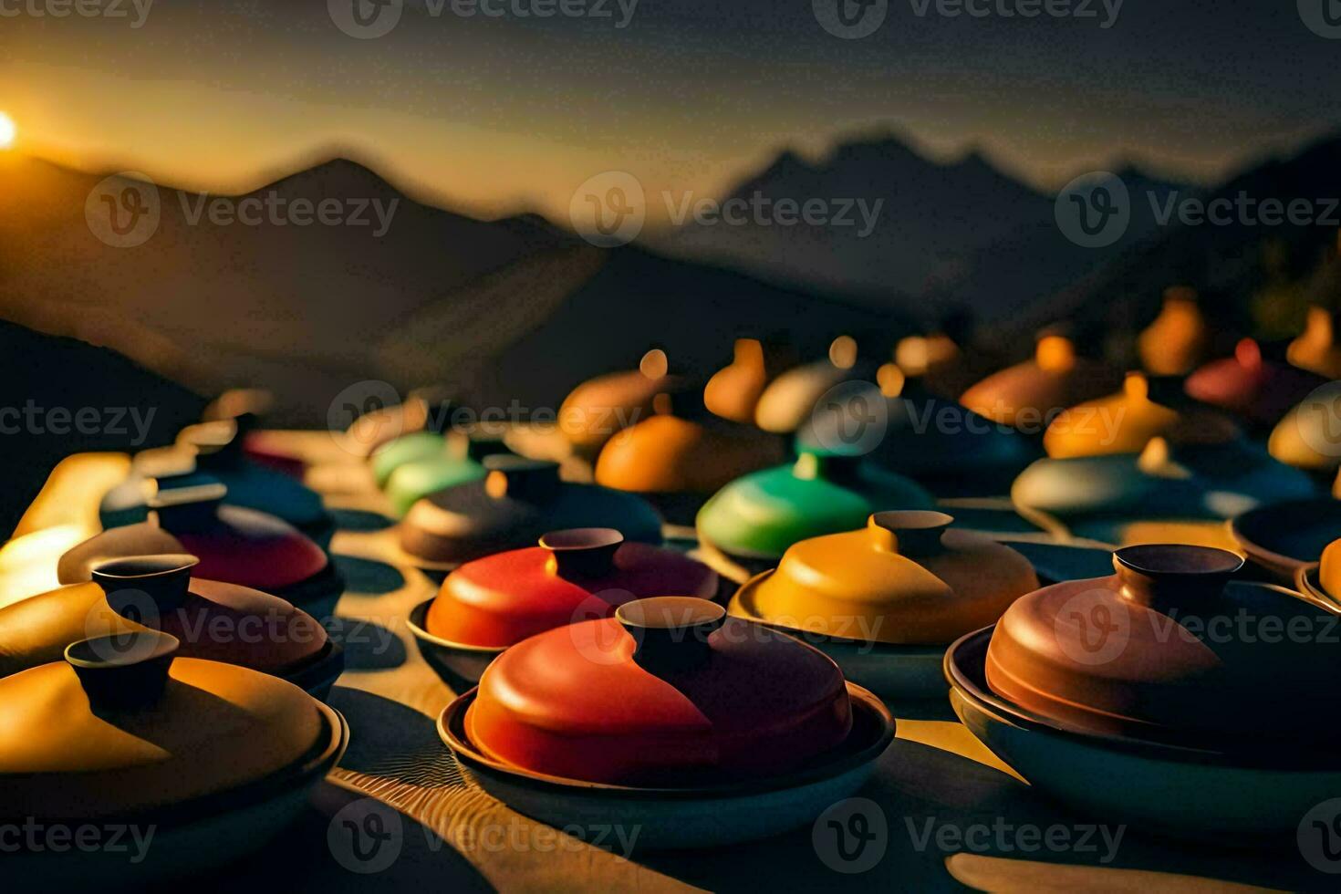 colorful pots and pans on a table in front of mountains. AI-Generated photo