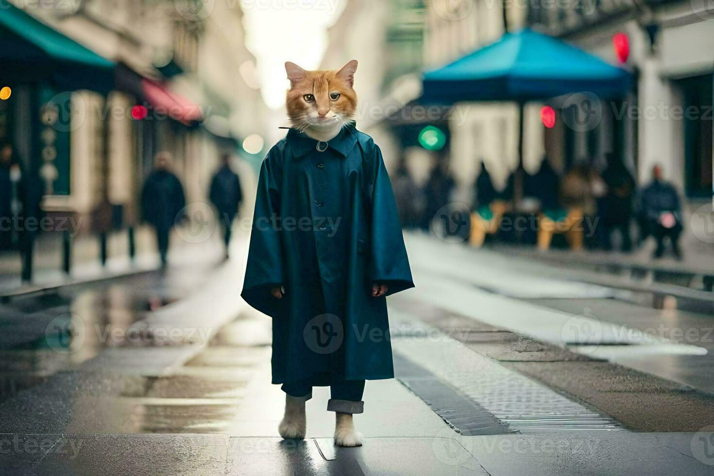a cat wearing a raincoat and standing on a street. AI-Generated photo
