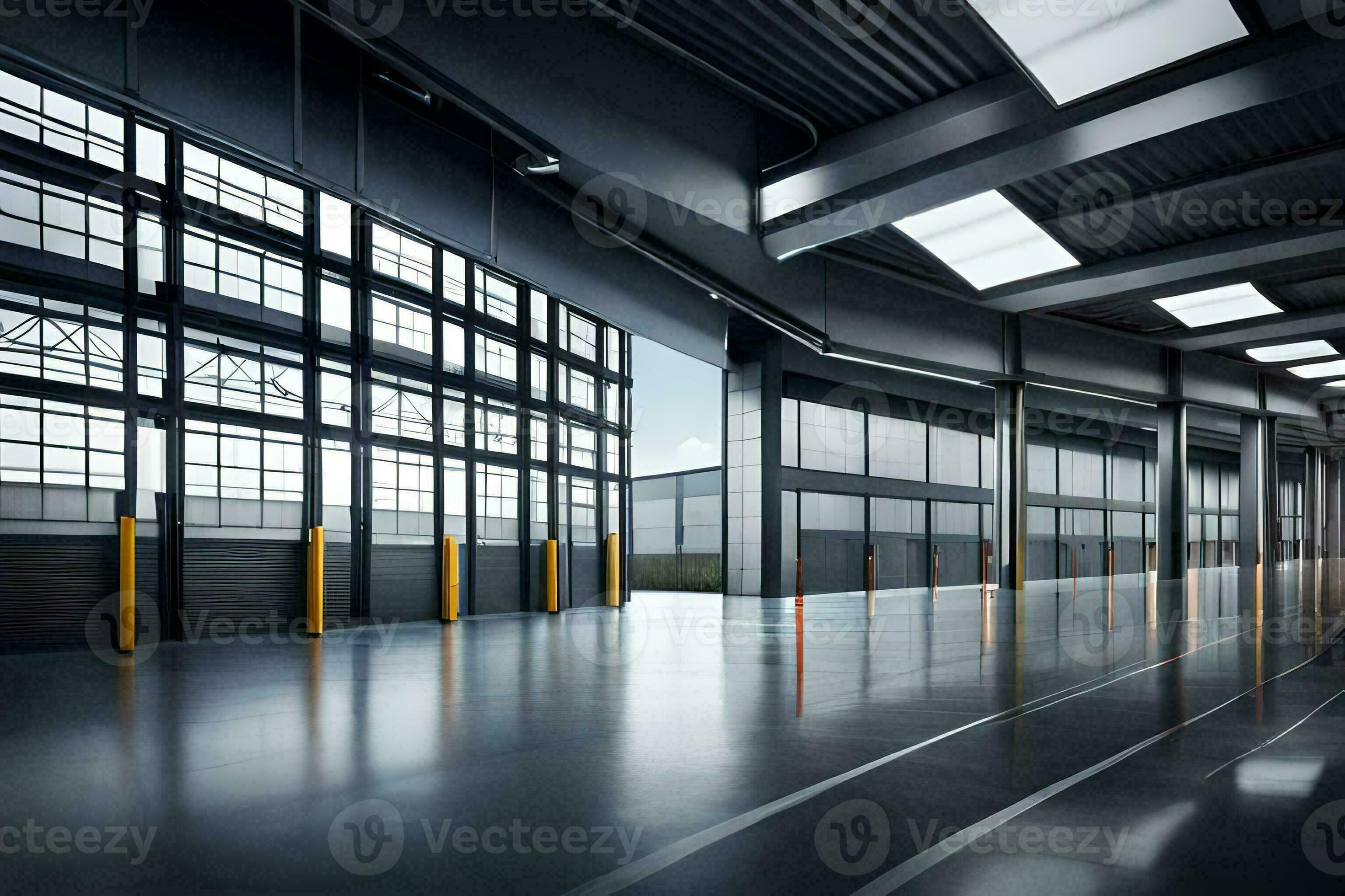 an empty warehouse with large windows and a large door. AI-Generated