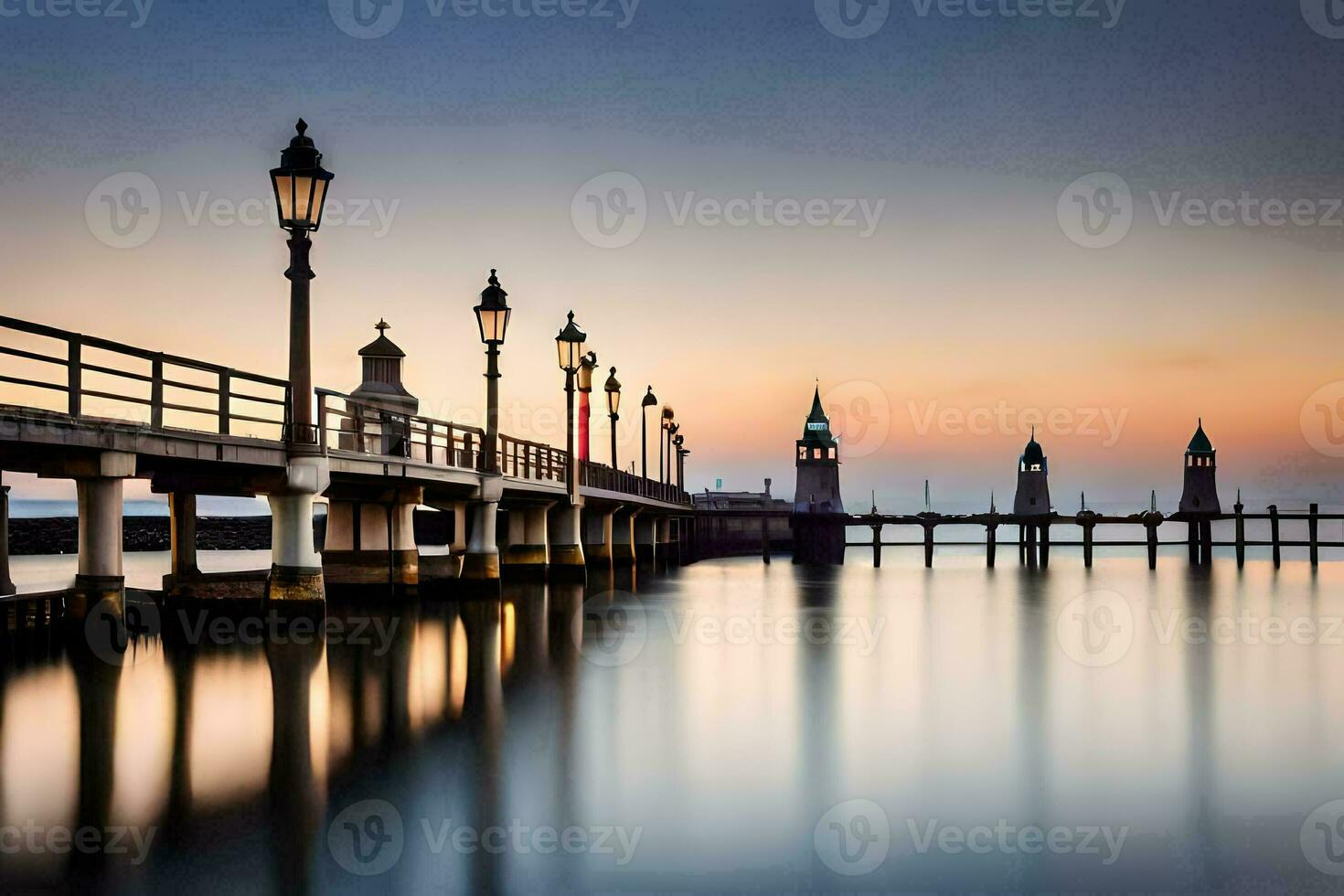 a pier with lights and water at sunset. AI-Generated photo