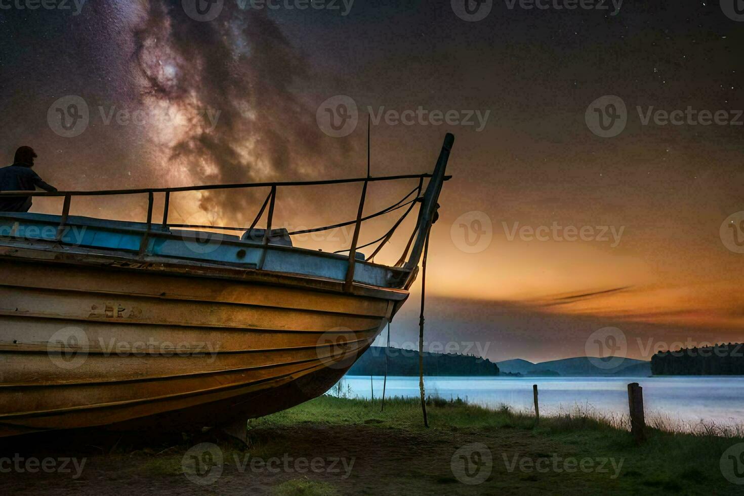 a boat sits on the shore under a star filled sky. AI-Generated photo