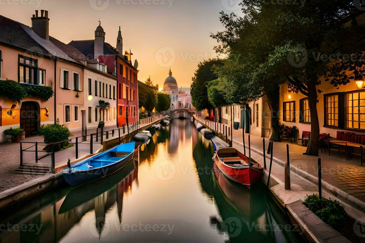 boats are docked in a canal at sunset. AI-Generated photo