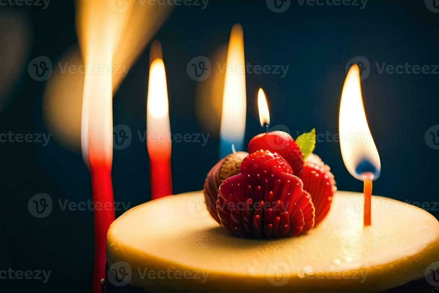 a strawberry is sitting on top of a cake with candles. AI-Generated photo