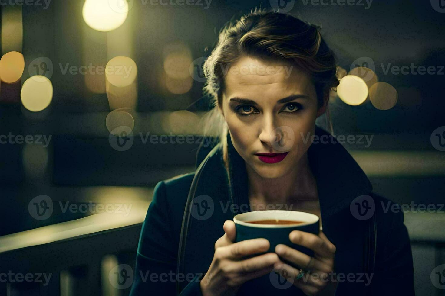 a woman holding a cup of coffee. AI-Generated photo