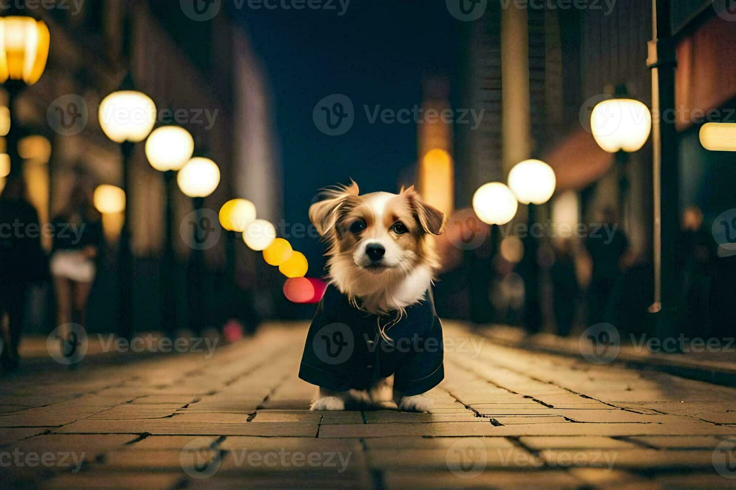 a dog in a suit standing on a street at night. AI-Generated photo