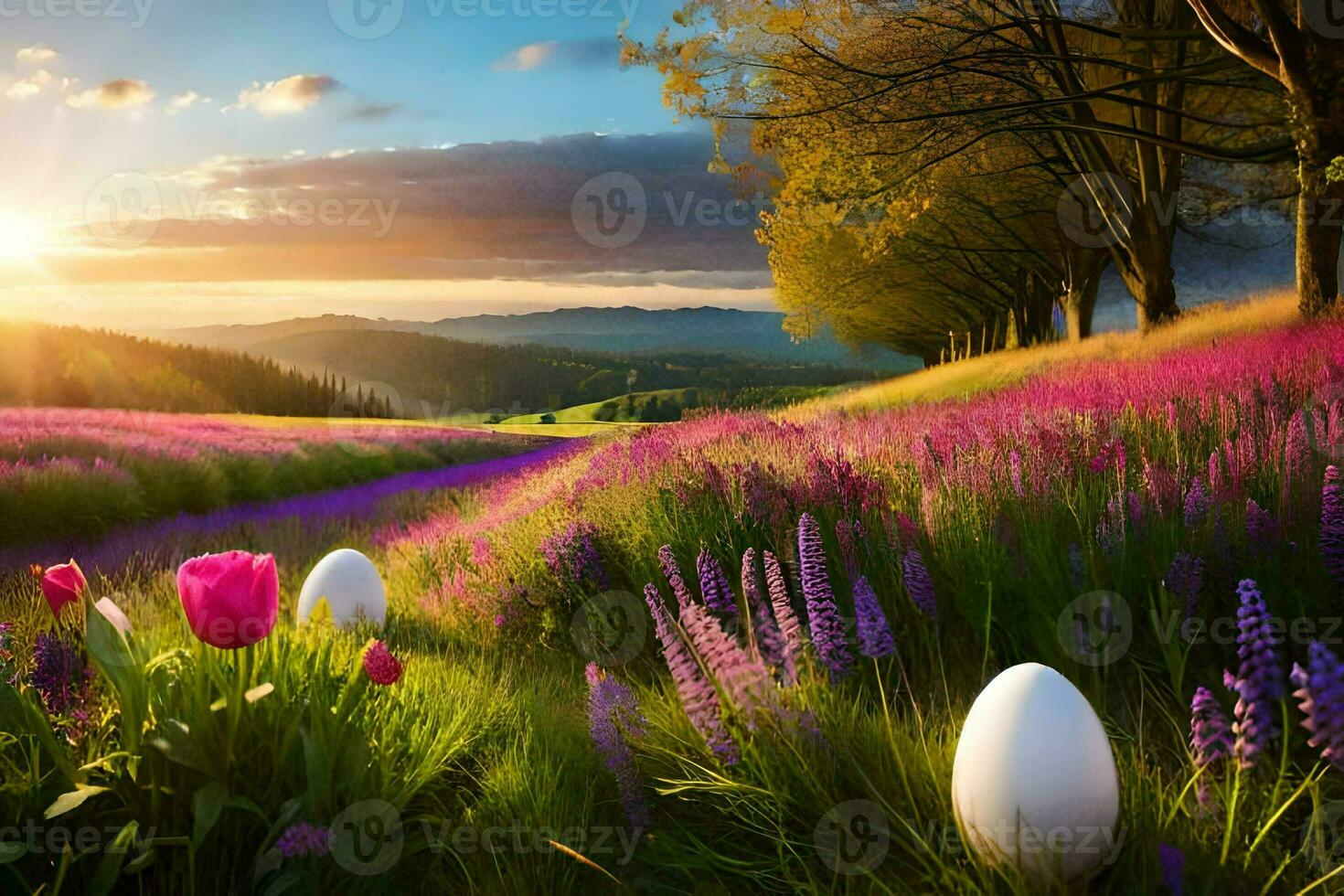 Pascua de Resurrección huevos en el campo. generado por ai foto