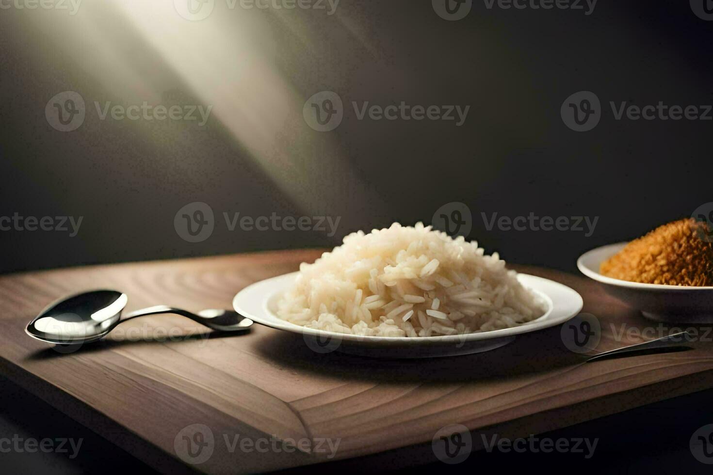 a plate of rice and a spoon on a wooden table. AI-Generated photo