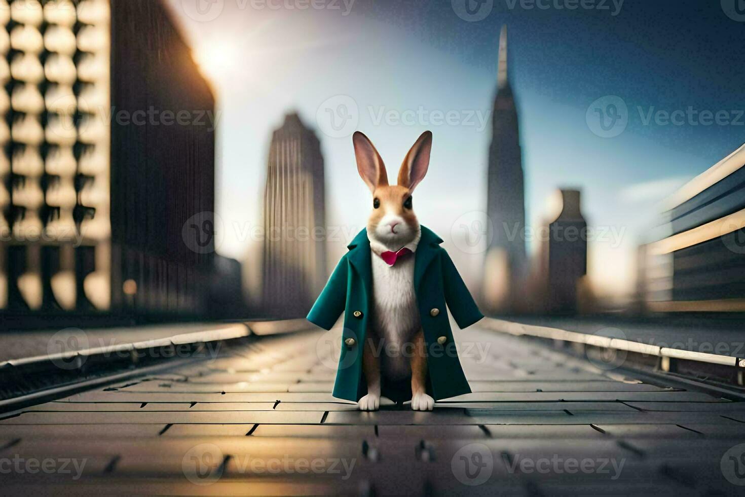 a rabbit wearing a coat and tie standing on a street. AI-Generated photo