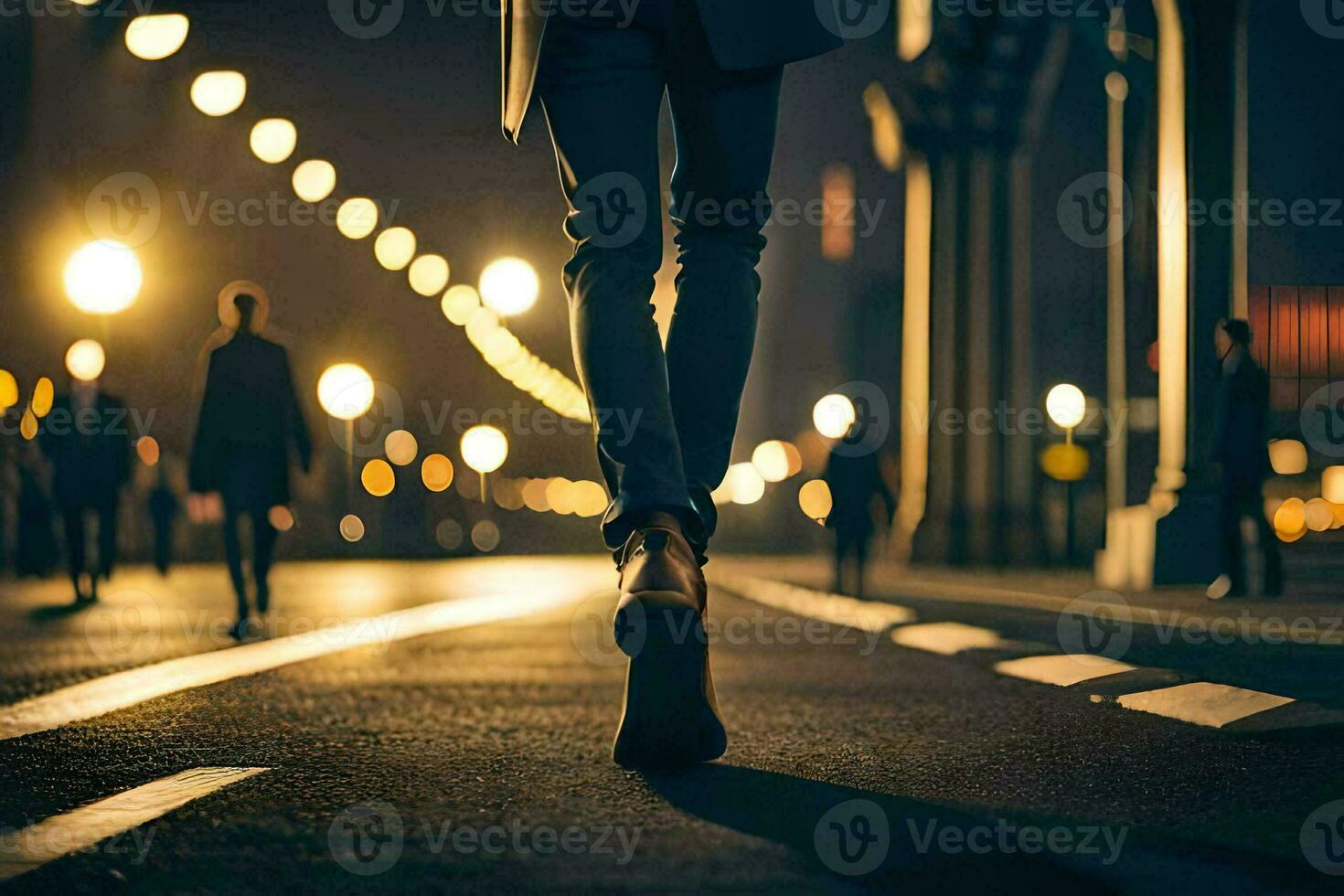 a man walking down the street at night. AI-Generated photo