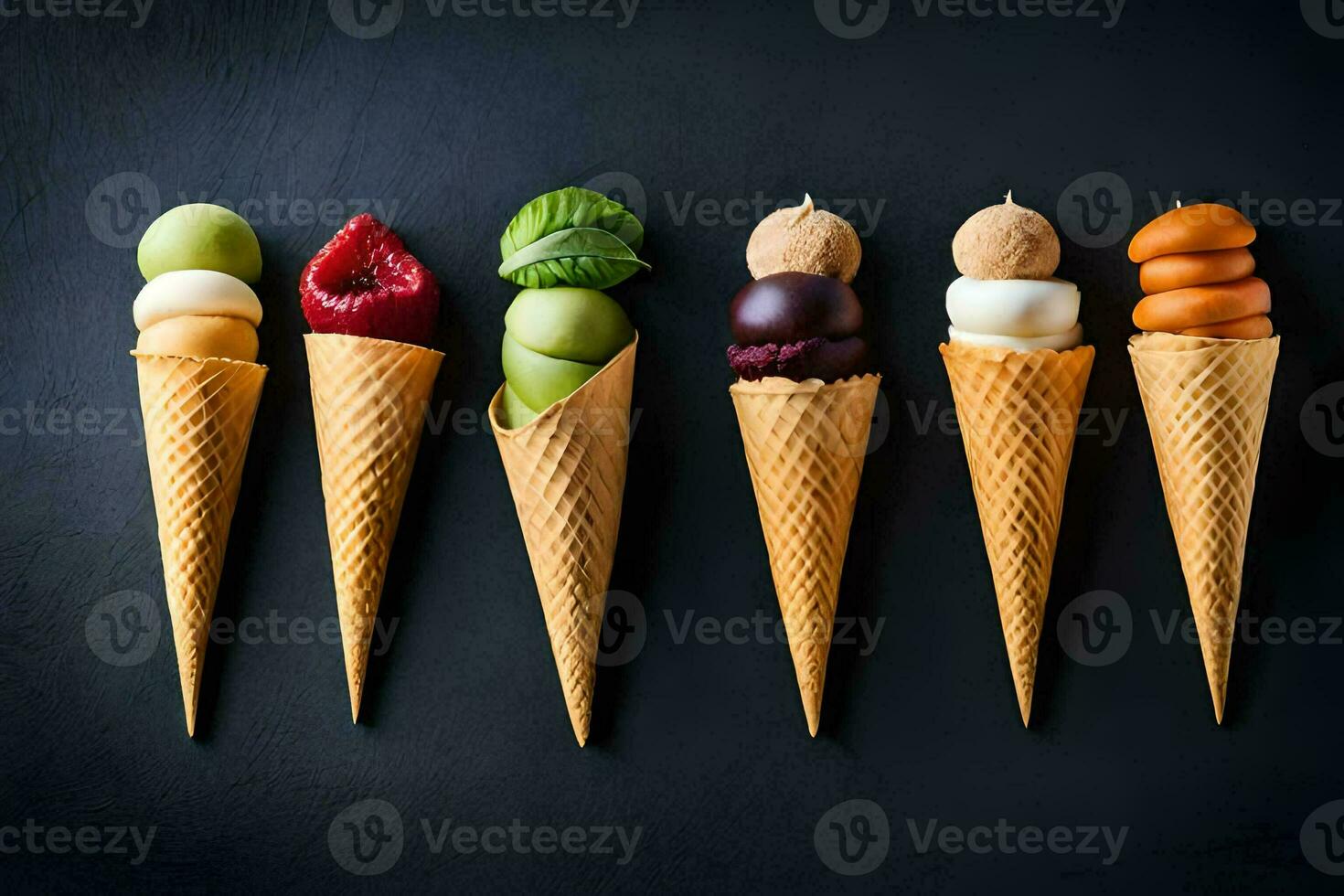 five ice cream cones with different types of fruit. AI-Generated photo