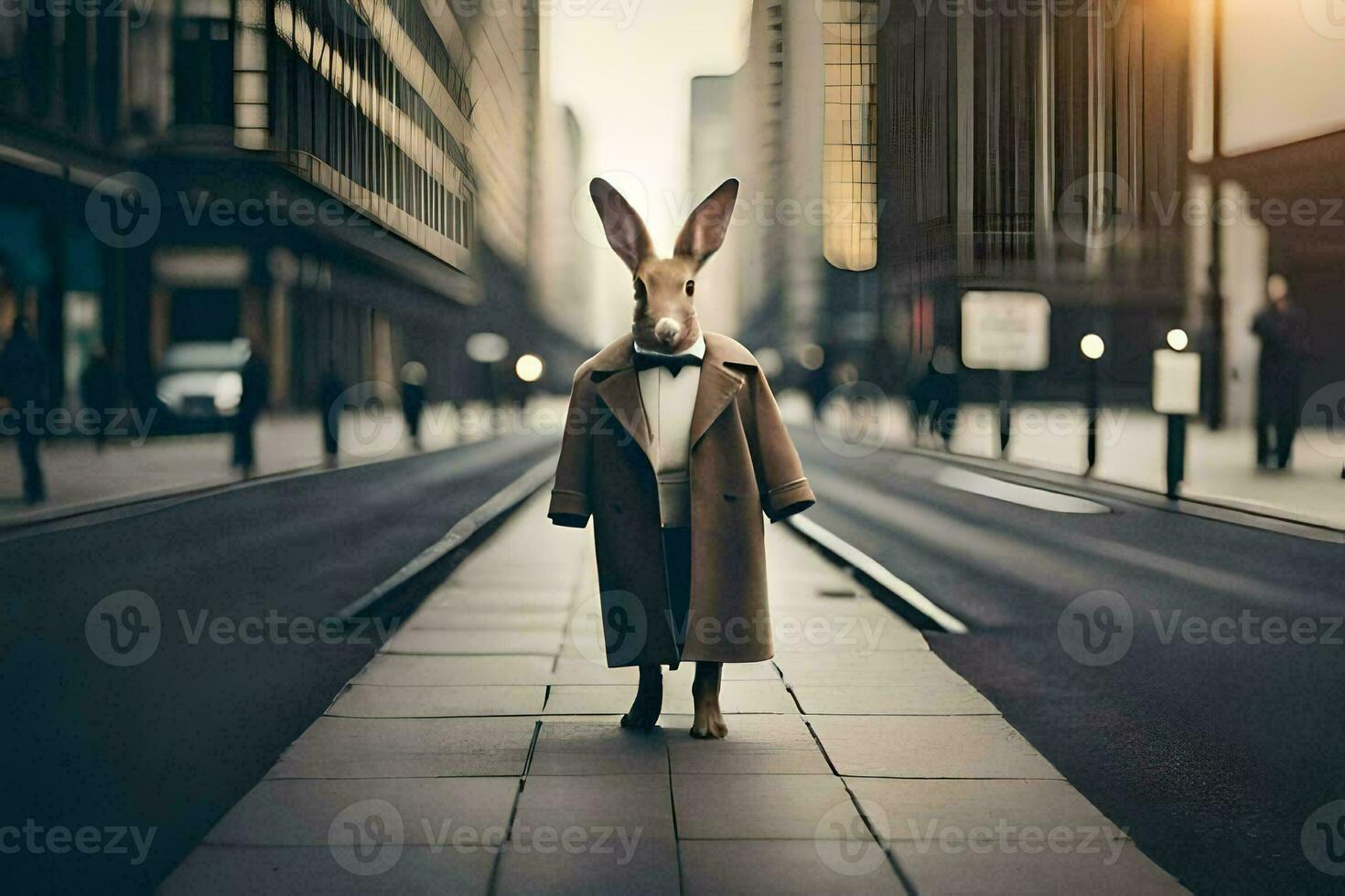 a rabbit wearing a suit and tie standing on a street. AI-Generated photo