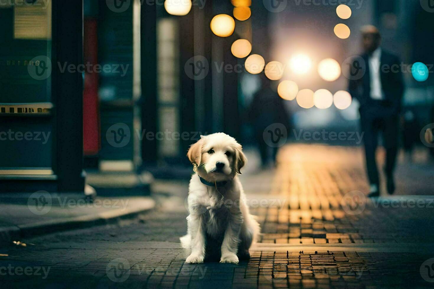 a dog sitting on the sidewalk at night. AI-Generated photo