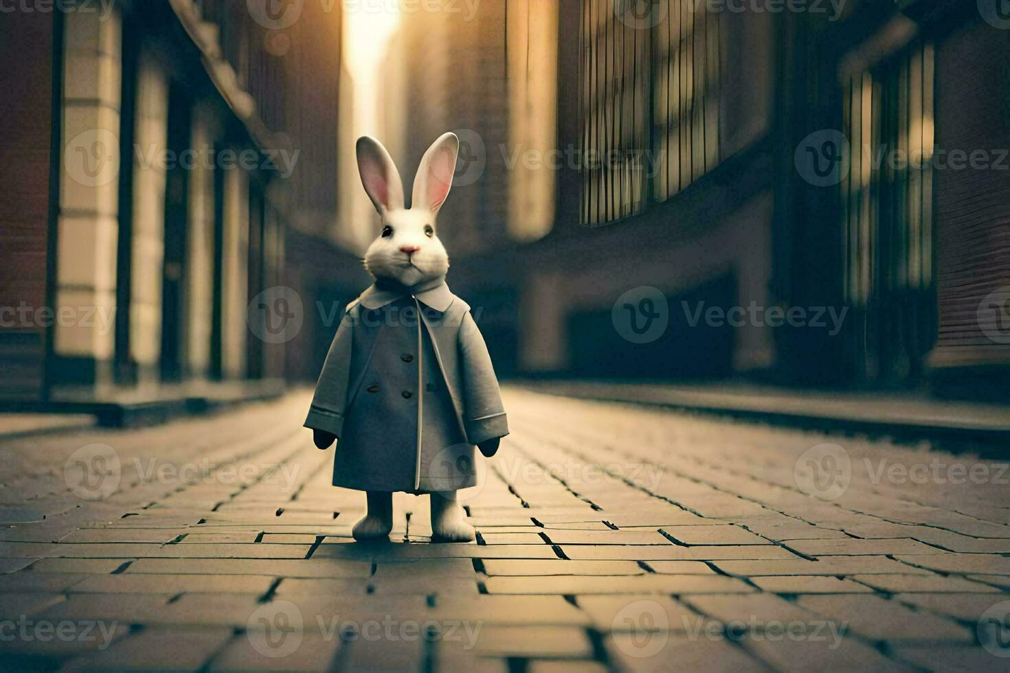 a rabbit in a coat stands on a street. AI-Generated photo