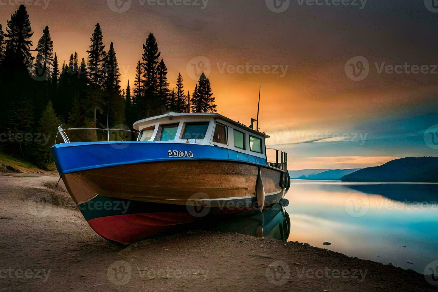 a boat sits on the shore of a lake at sunset. AI-Generated photo