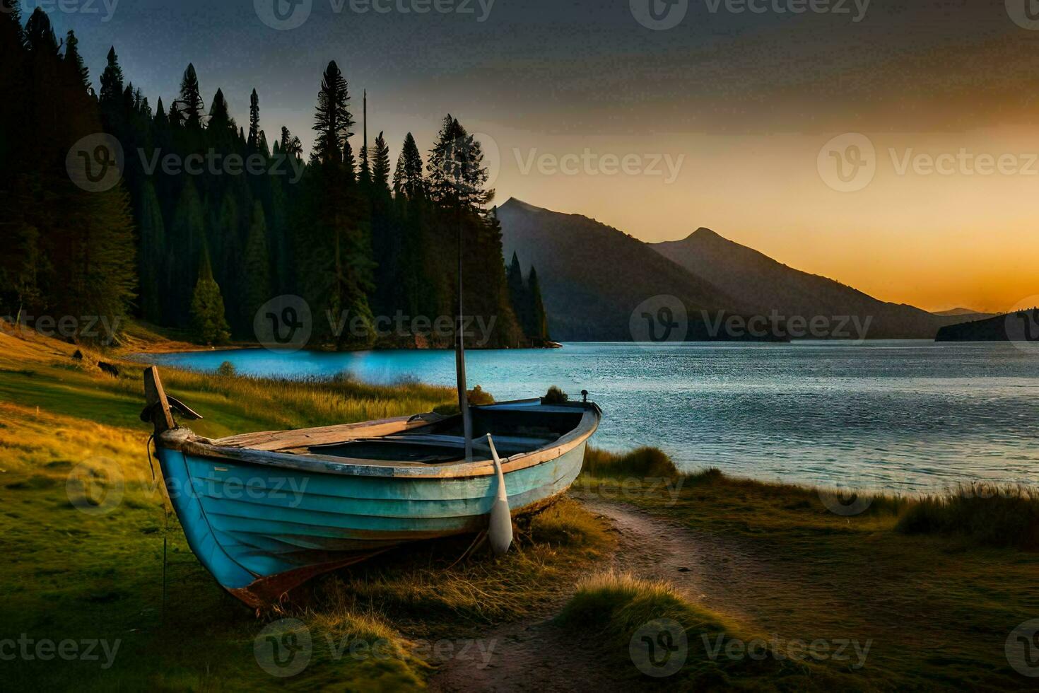 a boat sits on the shore of a lake at sunset. AI-Generated photo
