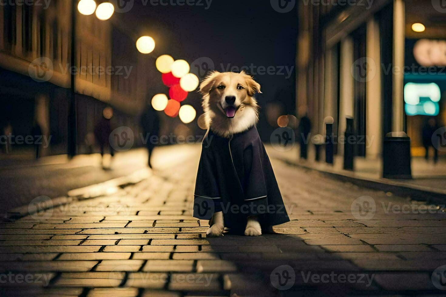 a dog in a coat standing on a street at night. AI-Generated photo