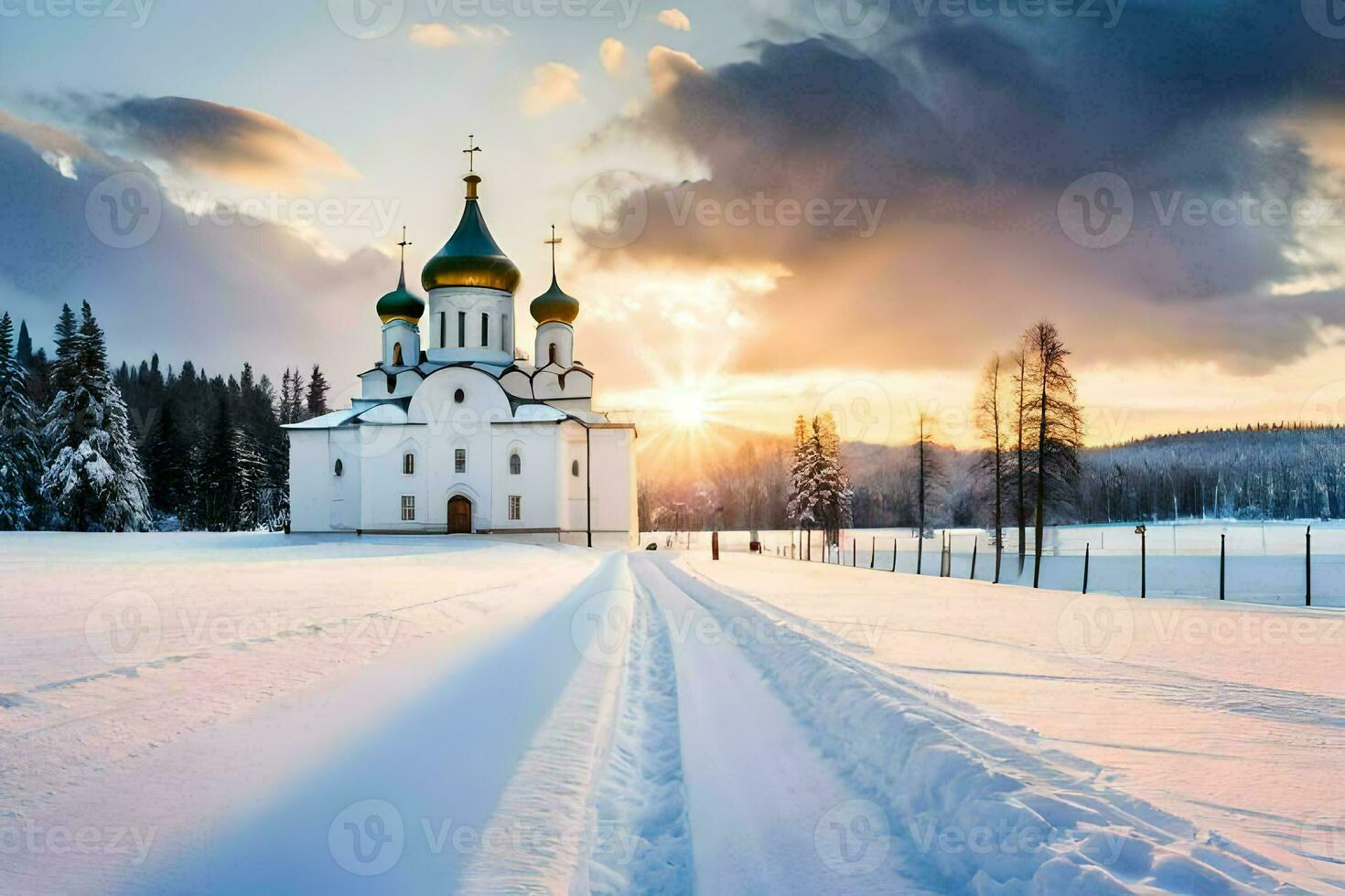 a church in the snow with the sun setting behind it. AI-Generated photo