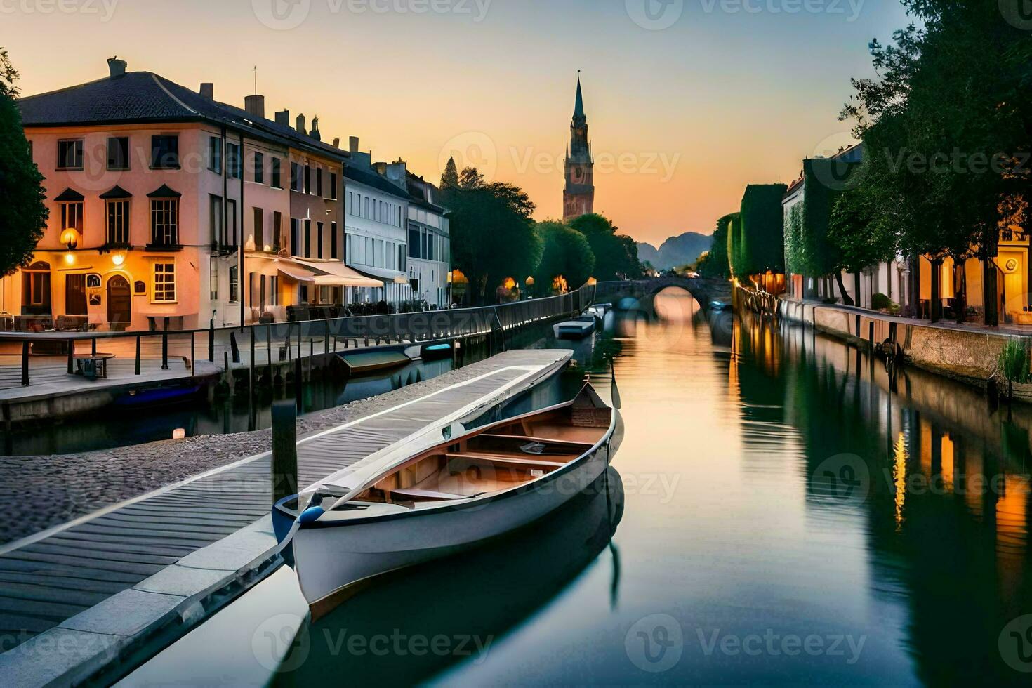 un barco es atracado en un canal a puesta de sol. generado por ai foto