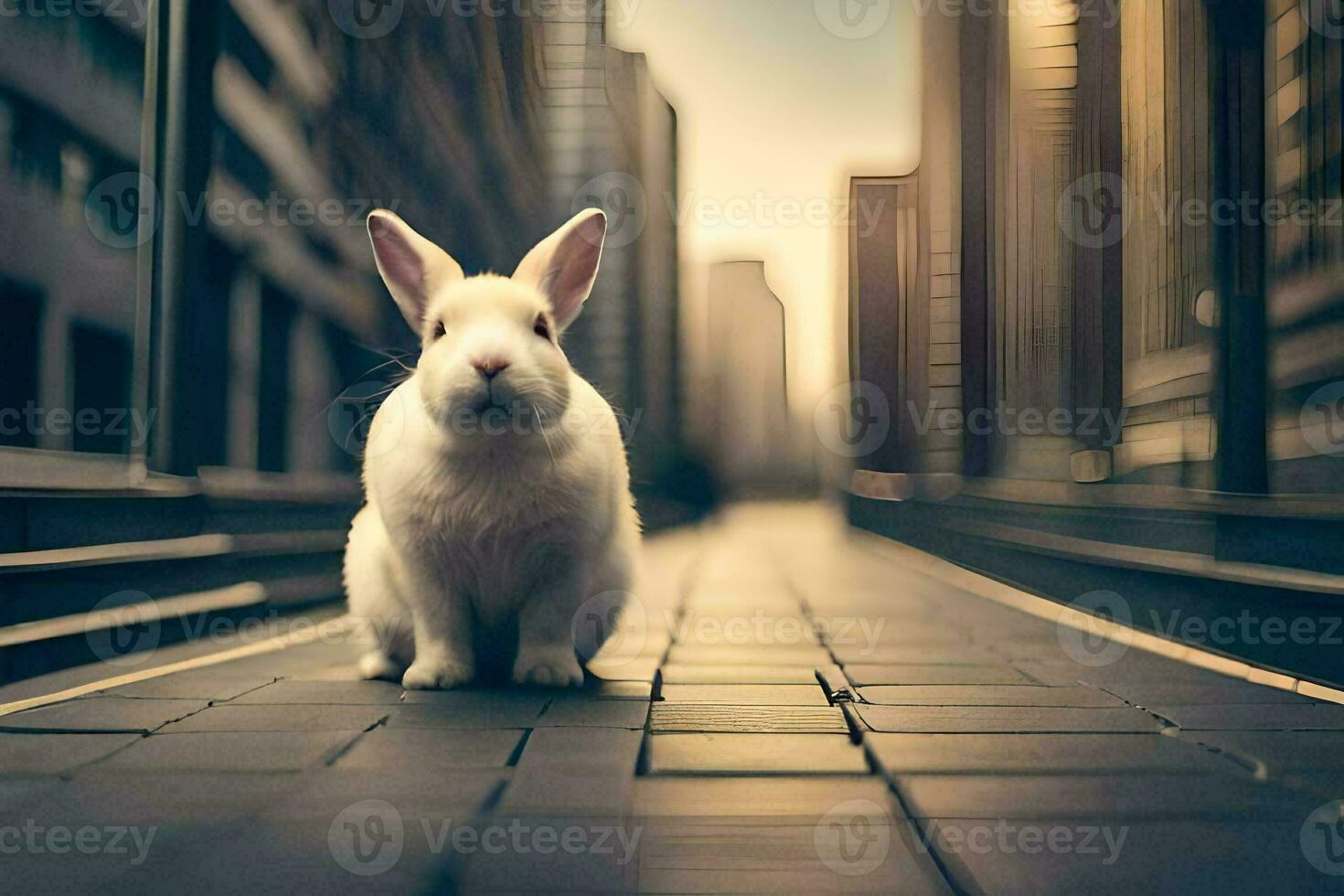a white rabbit is sitting on the street in a city. AI-Generated photo