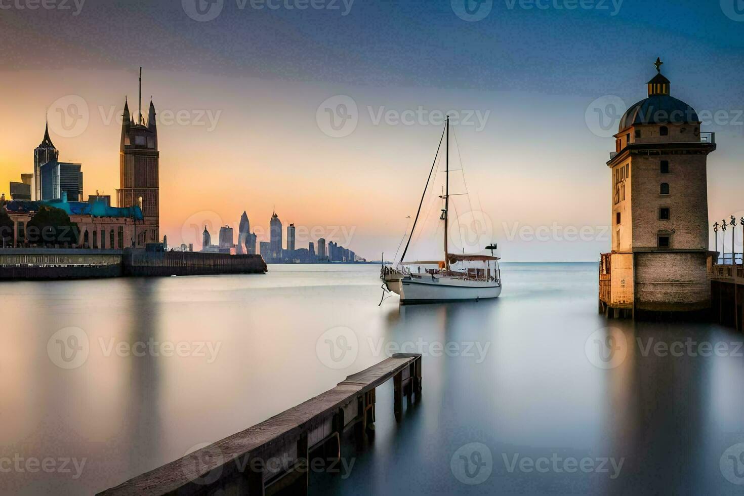 a boat is docked in the water near a tower. AI-Generated photo