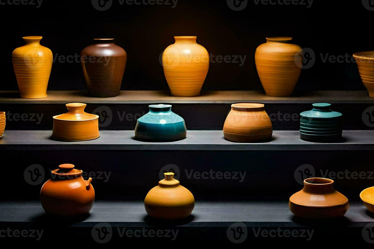 a collection of vases on a shelf. AI-Generated photo