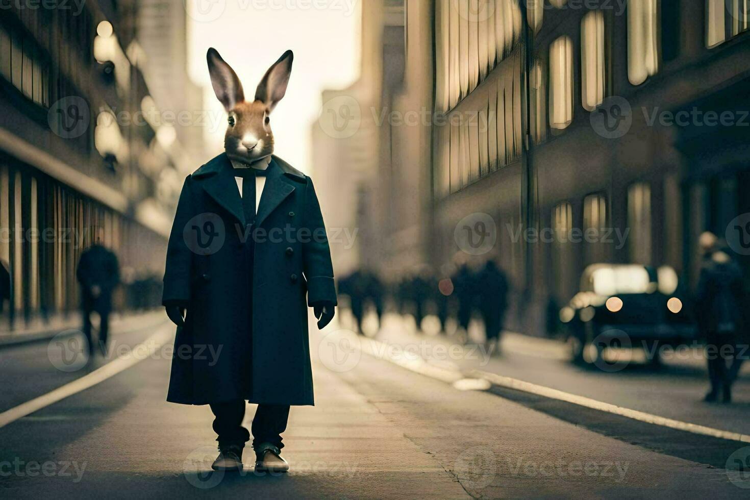 a rabbit wearing a suit and tie on the street. AI-Generated photo