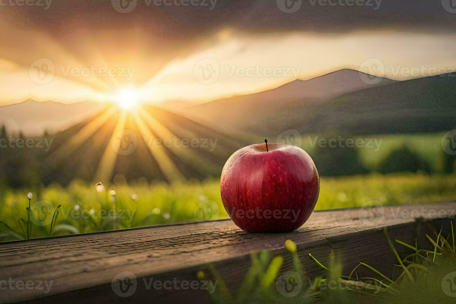 apple on the wooden bench in the field. AI-Generated photo