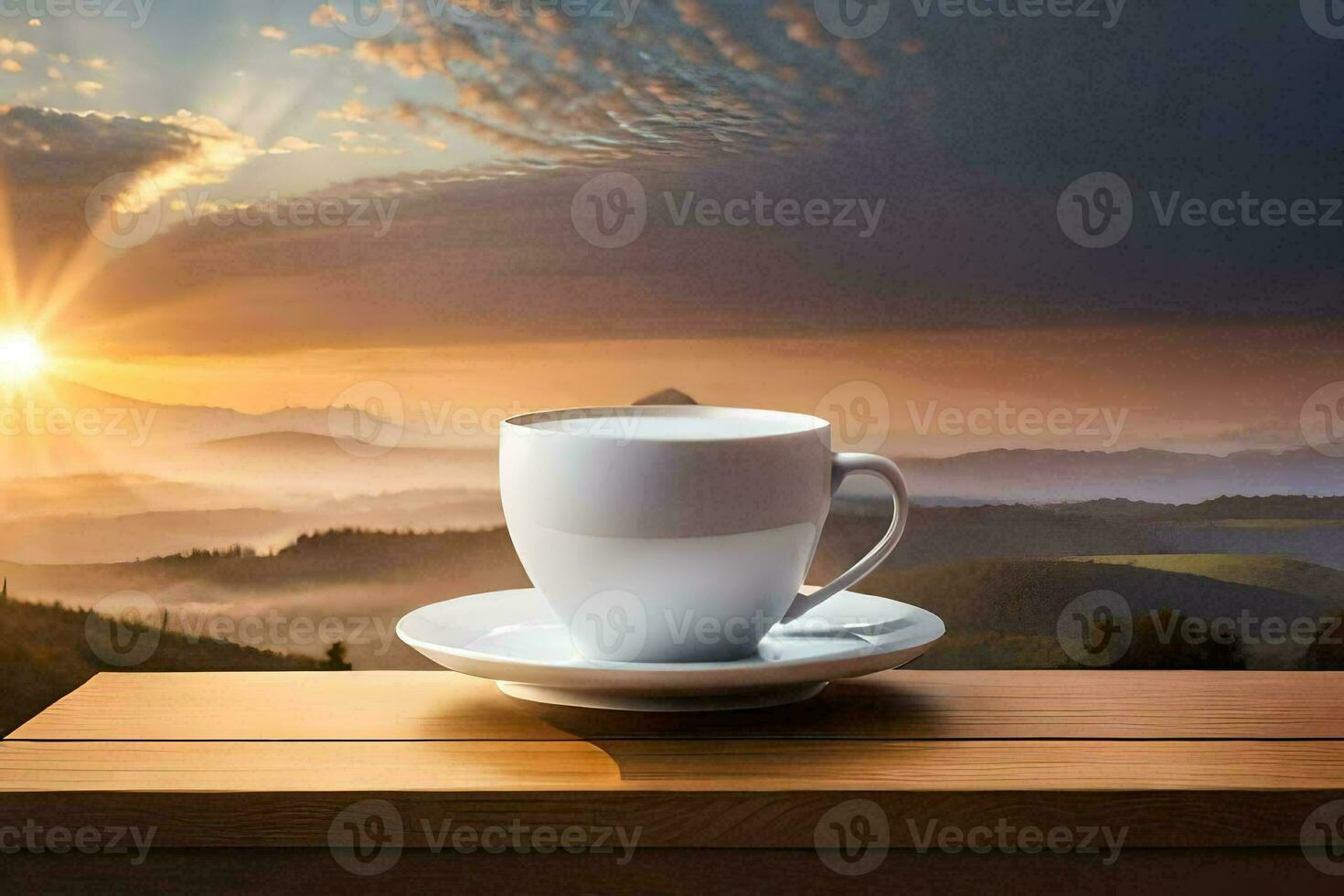 a cup of coffee on a wooden table in front of a beautiful sunrise. AI-Generated photo