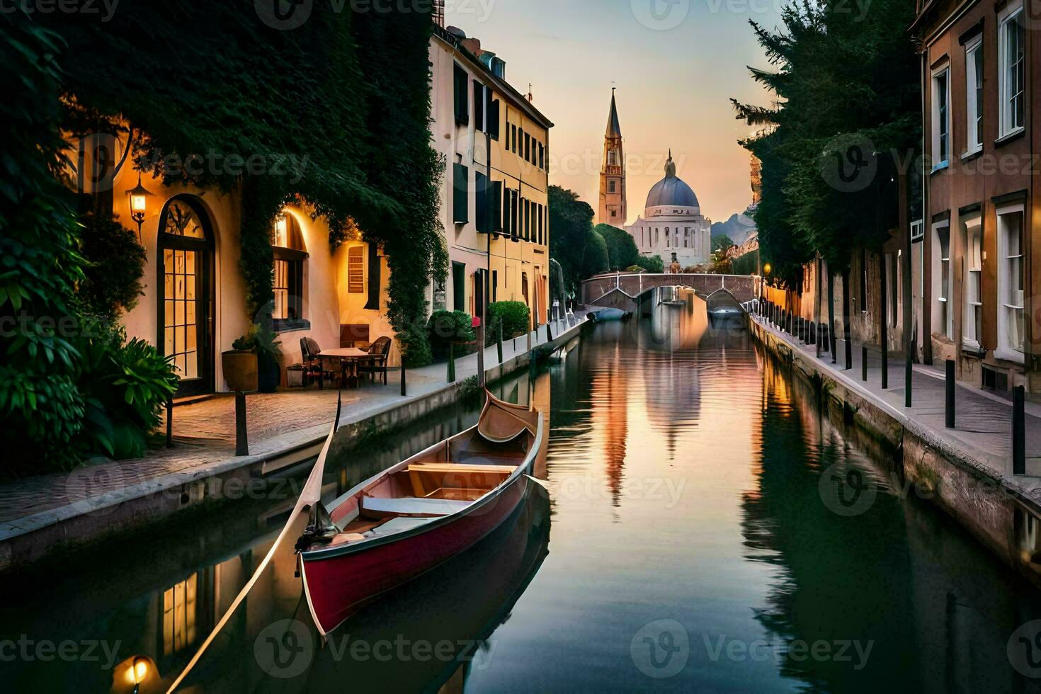 a boat is sitting on a canal in a city. AI-Generated photo