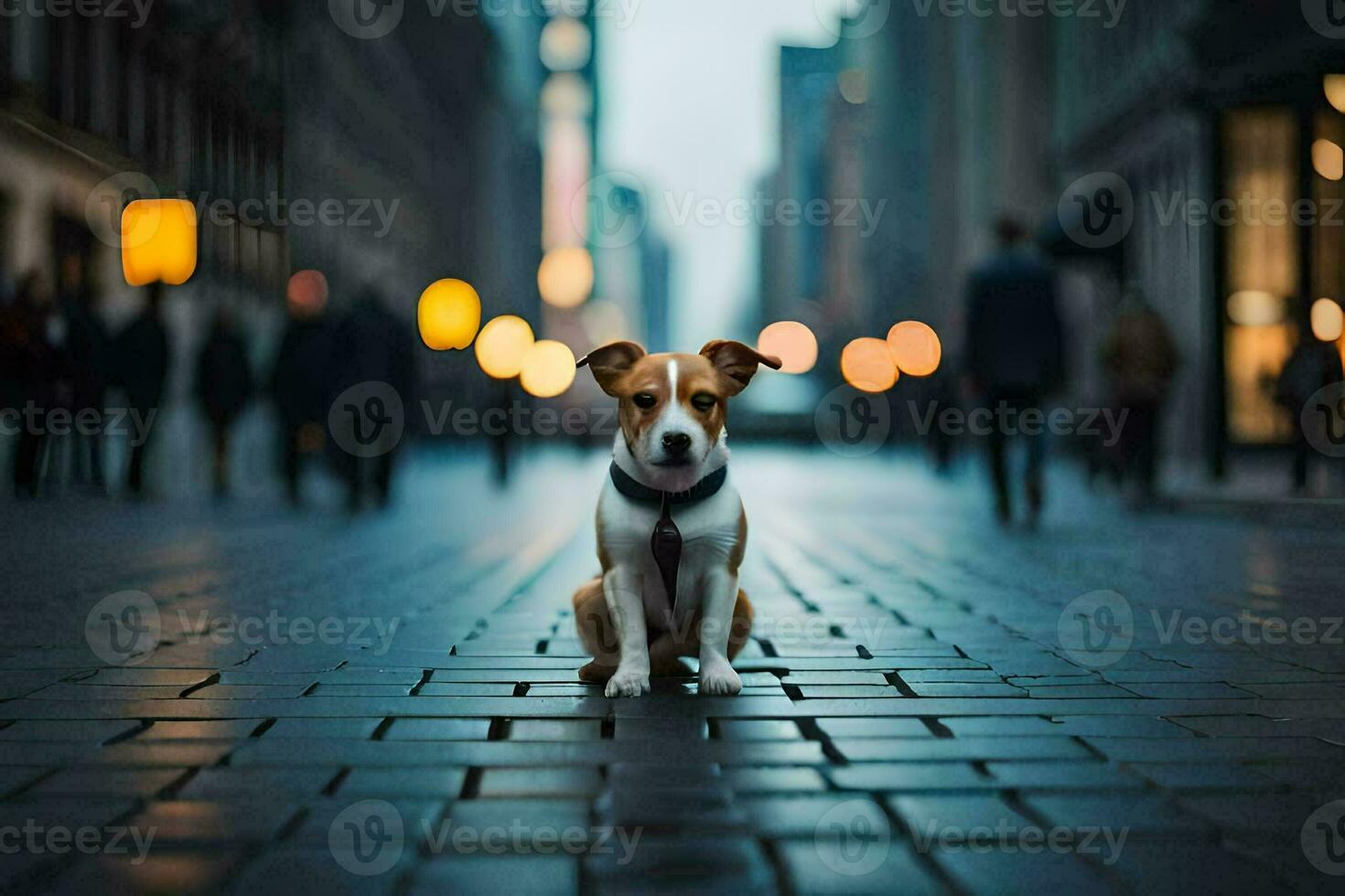 a dog sitting on the street in front of a city. AI-Generated photo