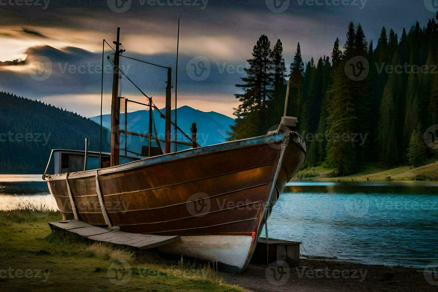 a boat sits on the shore of a lake. AI-Generated photo