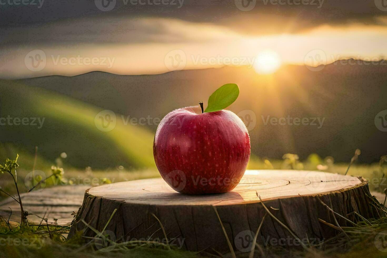 an apple sits on top of a stump in front of a sunset. AI-Generated photo