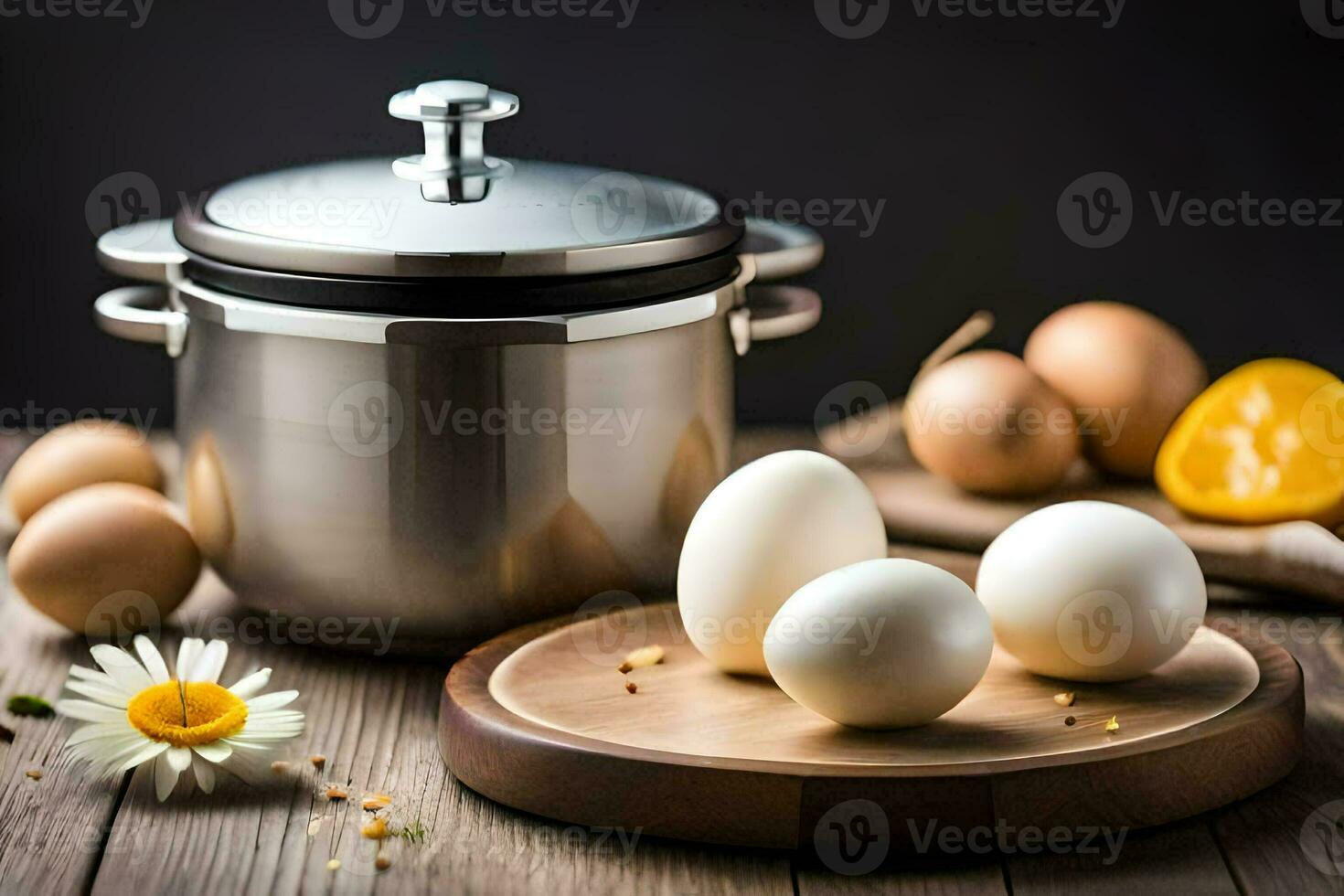 eggs on a wooden board next to a pot. AI-Generated photo