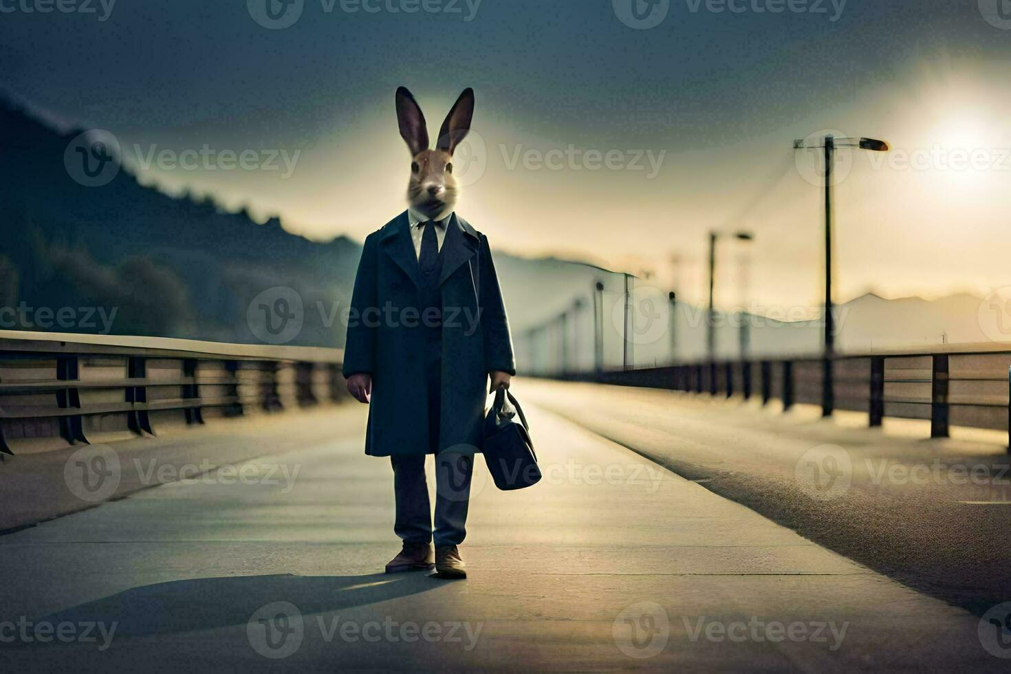 a rabbit wearing a suit and tie on a bridge. AI-Generated photo