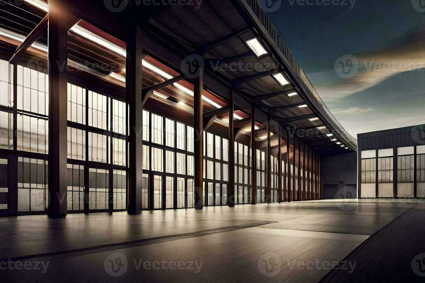 a large warehouse with lots of windows and a sky. AI-Generated photo