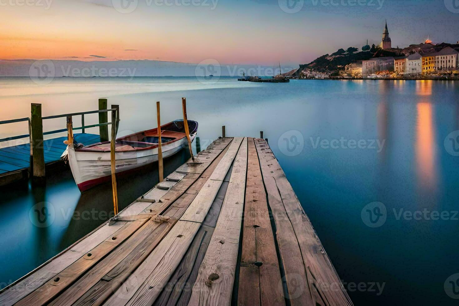 a boat docked on a pier at sunset. AI-Generated photo