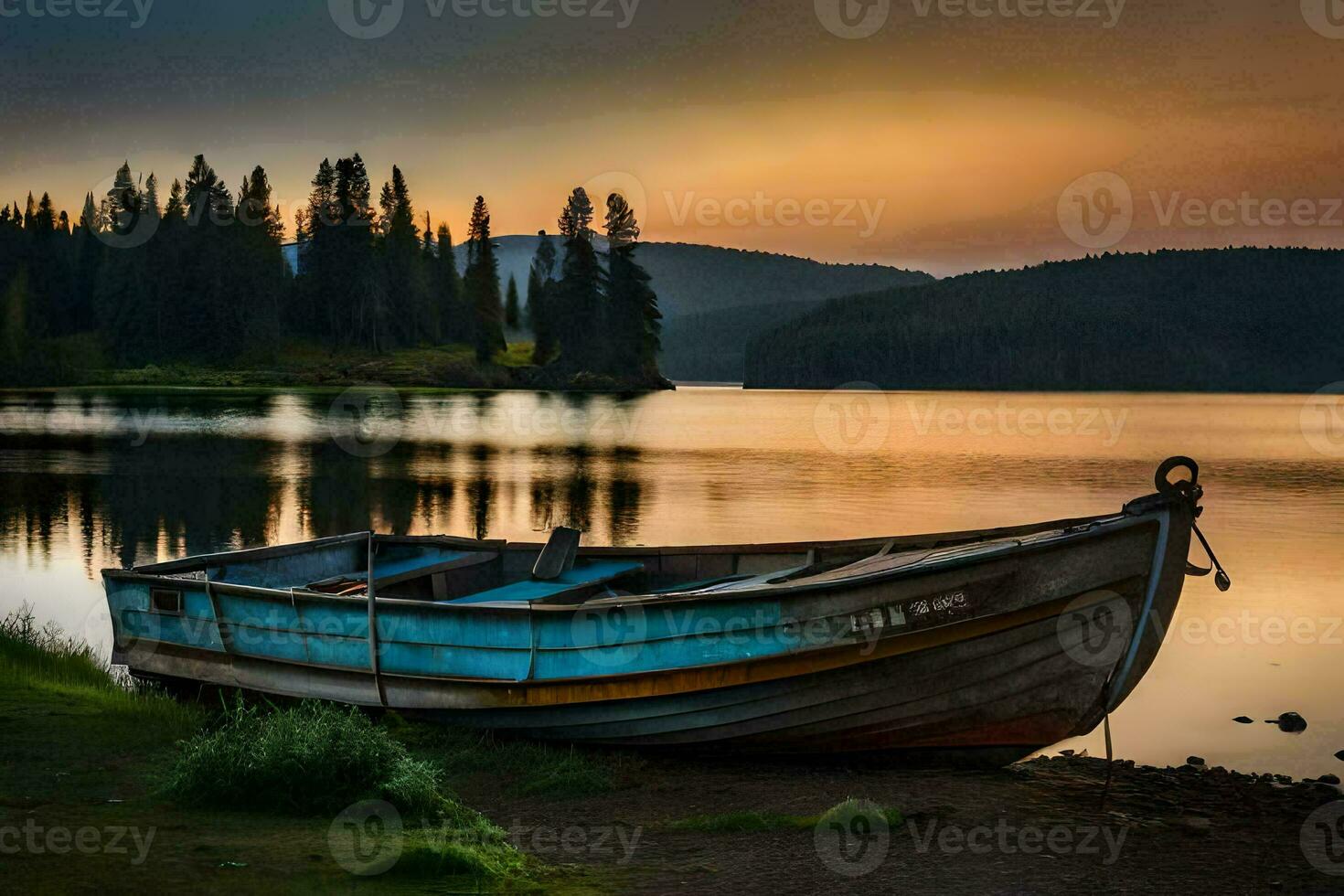 a boat sits on the shore of a lake at sunset. AI-Generated photo