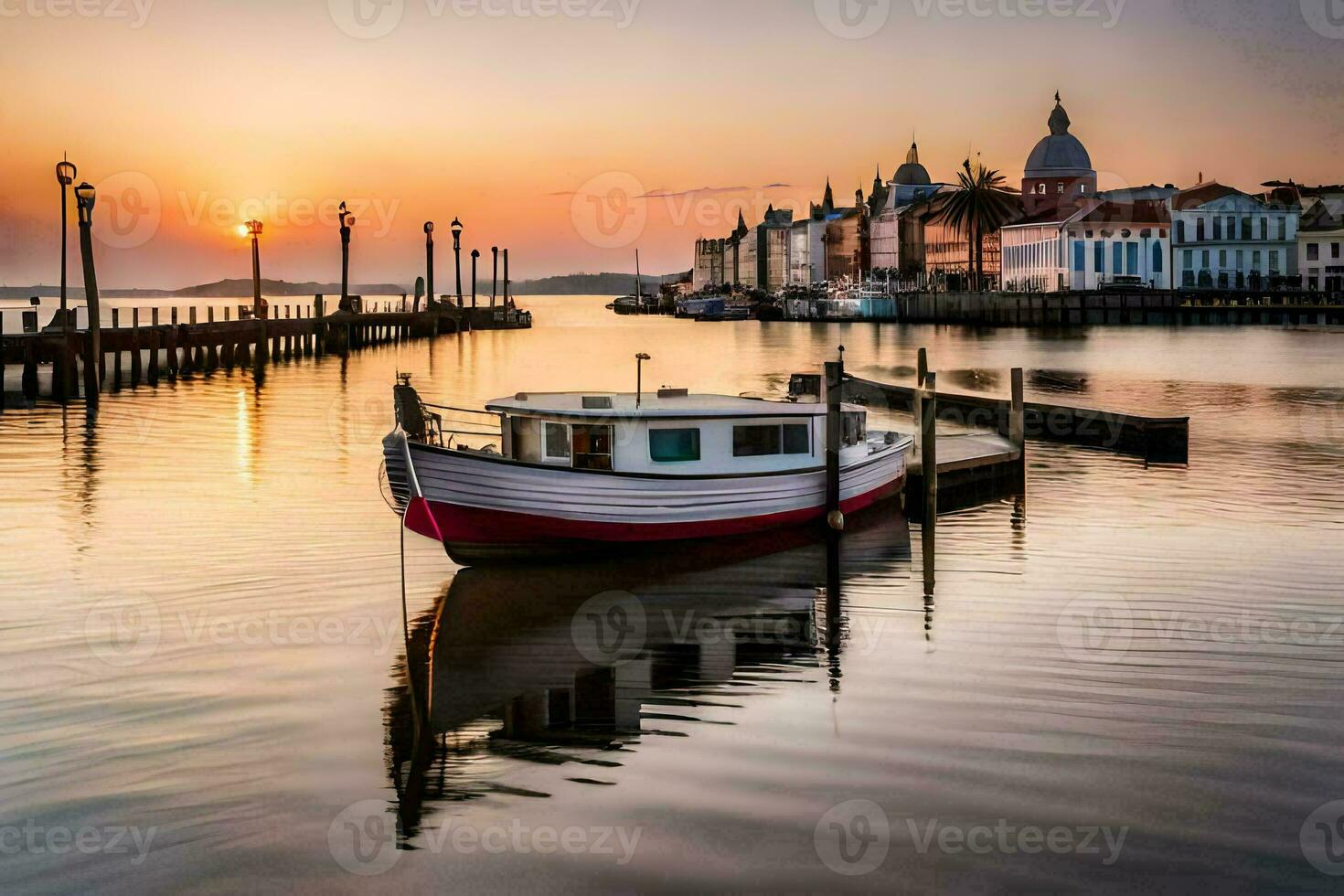 a boat sits in the water at sunset. AI-Generated photo