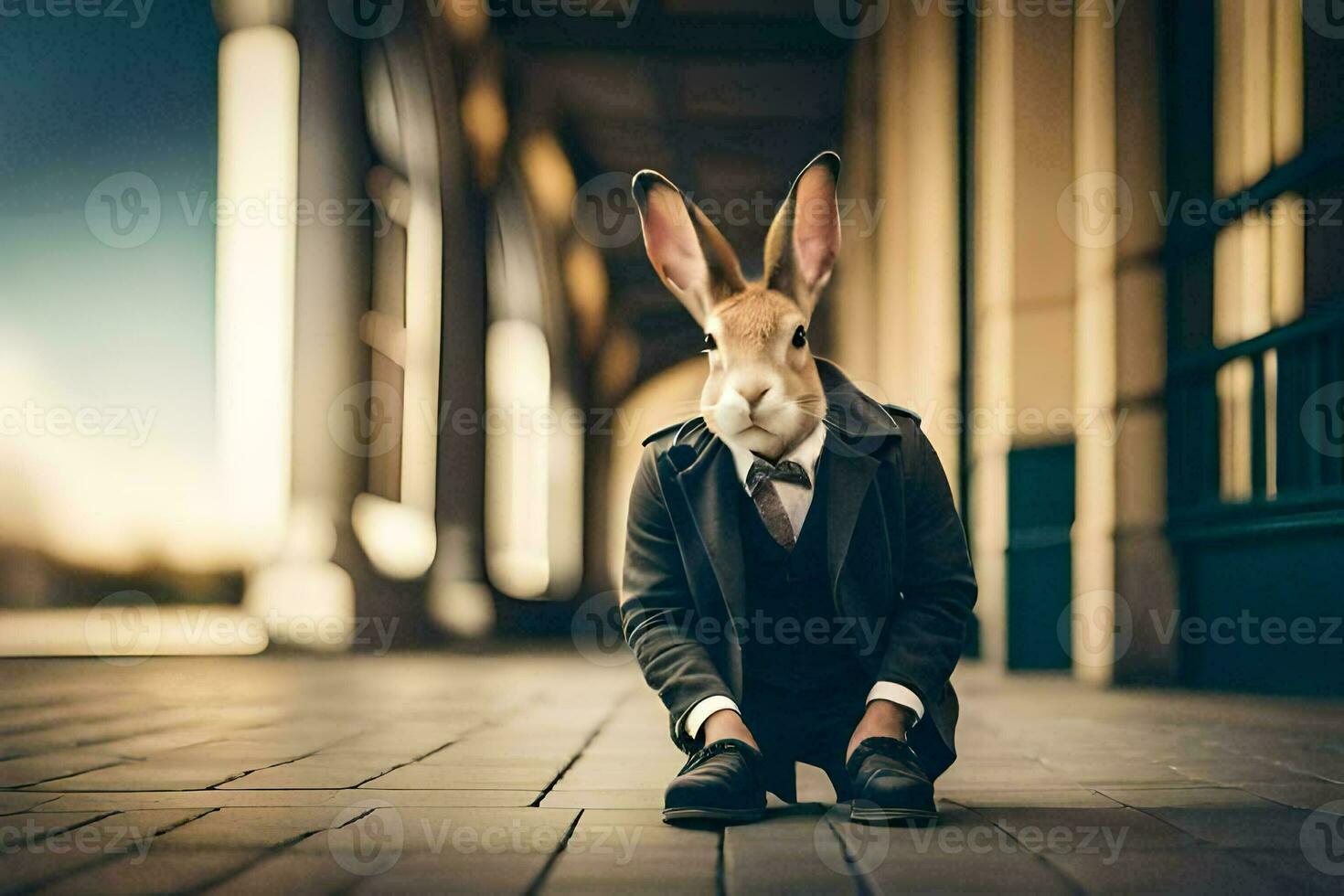 a rabbit wearing a suit and tie sitting on the ground. AI-Generated photo