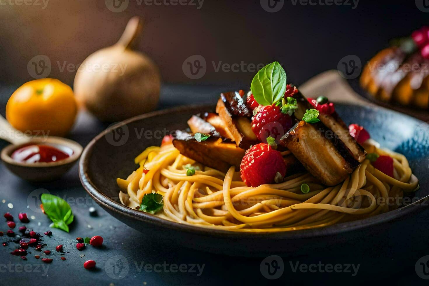 spaghetti with meat and berries on a dark table. AI-Generated photo
