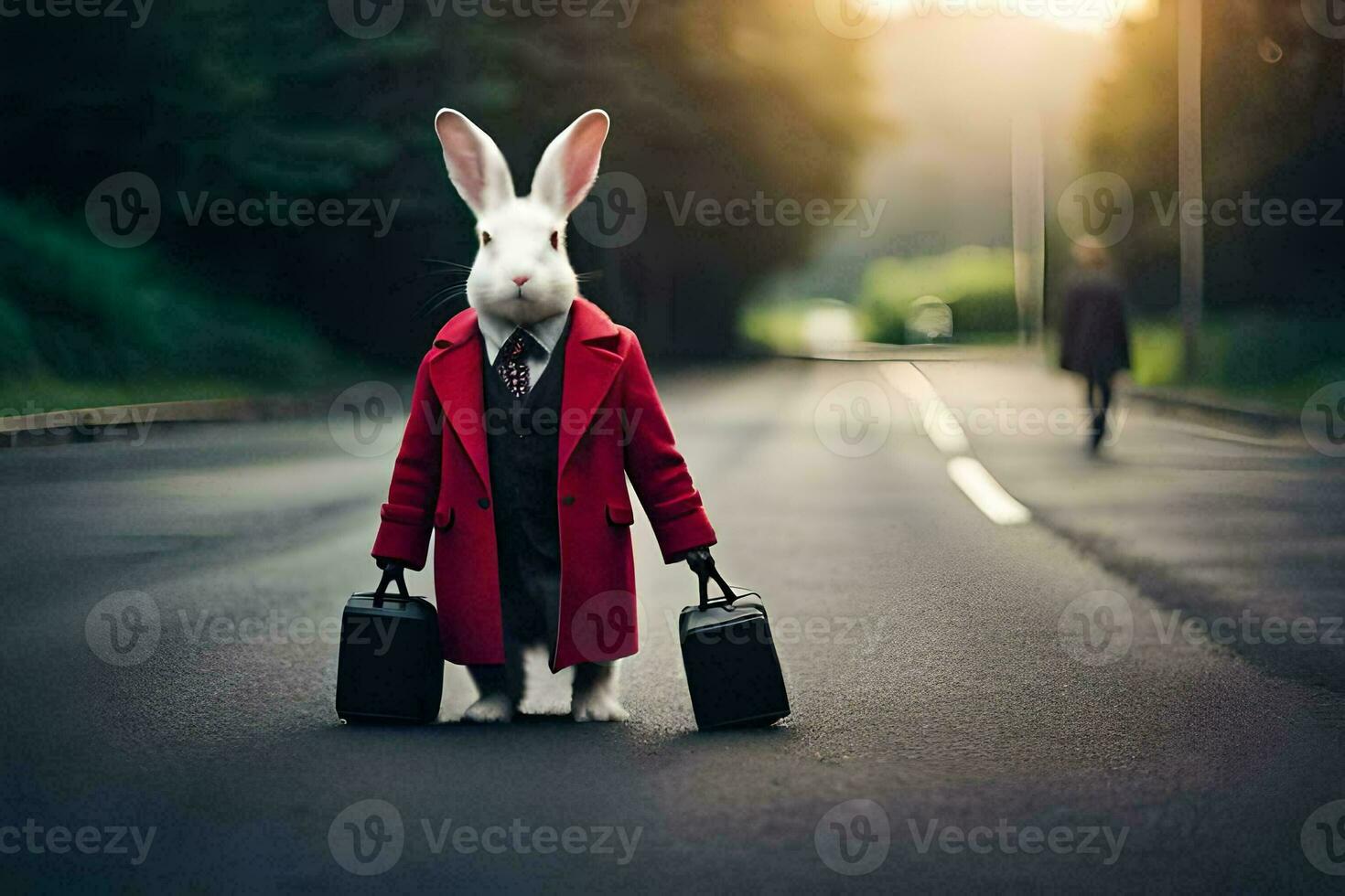 a white rabbit in a red coat and suit holding suitcases. AI-Generated photo